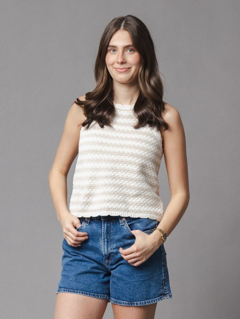 Hope & Henry Organic Button Back Sweater Tank - Natural Stripe